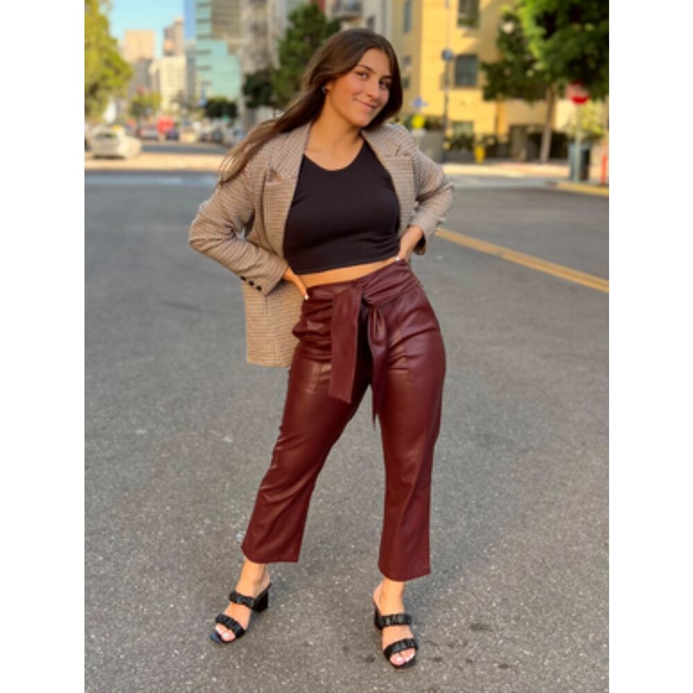[Lucy Paris] Burgundy Faux Leather Belted High Rise Kick Flare Pants Sz Medium M